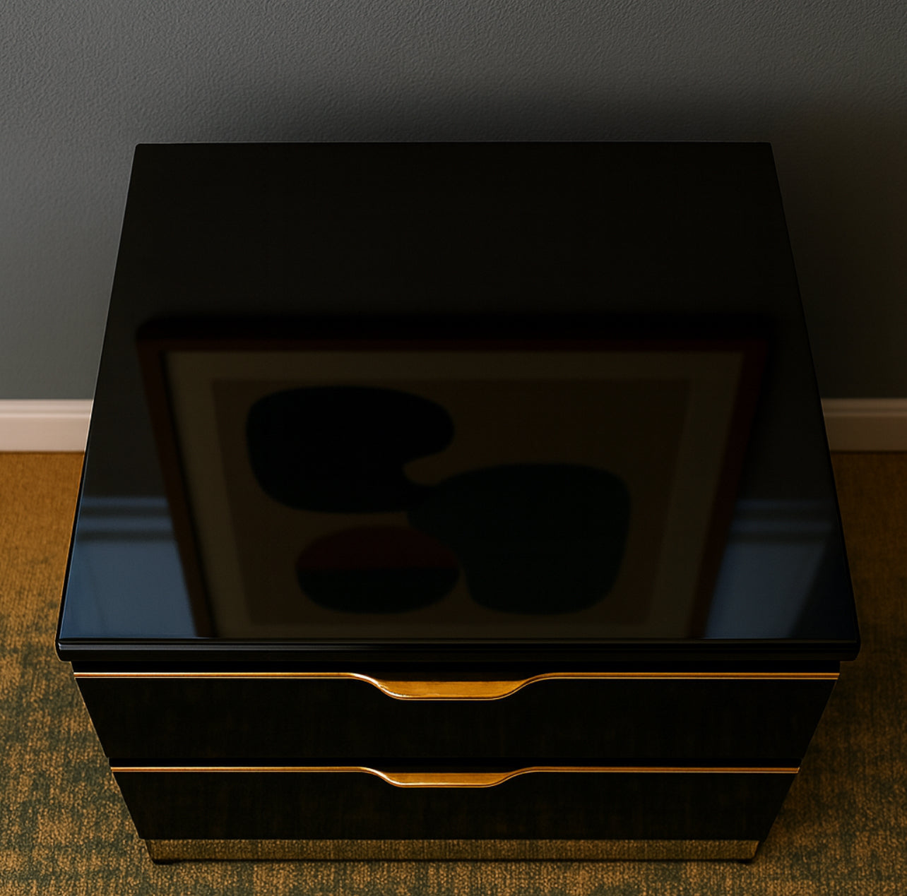 Vintage Postmodern Black Lacquer & Gold Nightstands – Hollywood Regency Style