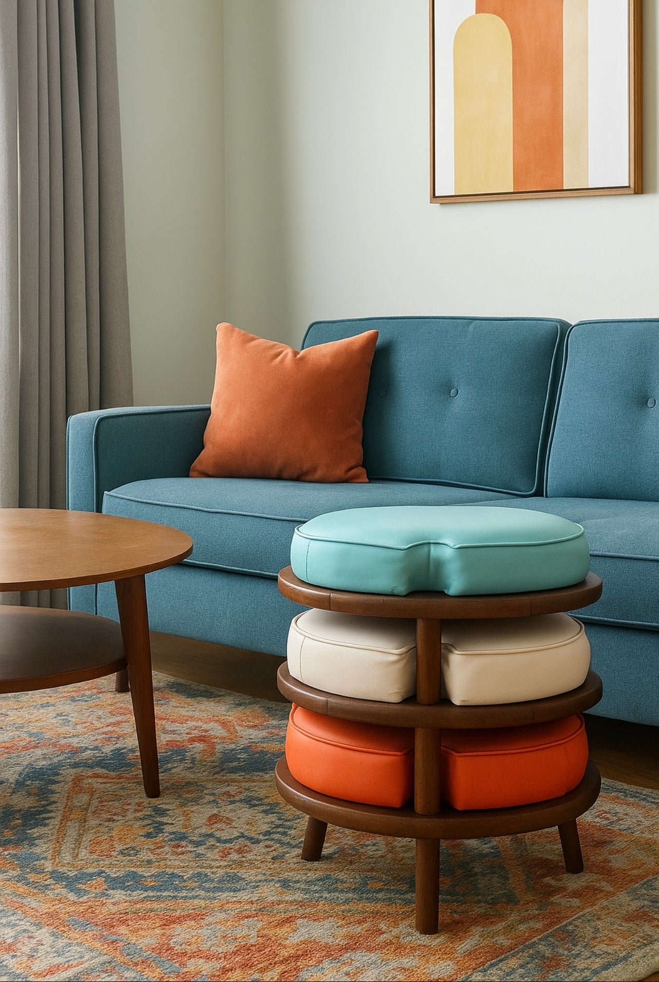 Mid-Century Modern Stackable Stools – Set of 3 | Original Vinyl in Aqua, White & Tangerine | Mod & Fun American Design, 1960s