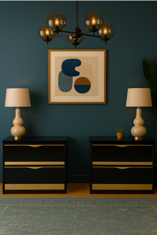 Vintage Postmodern Black Lacquer & Gold Nightstands – Hollywood Regency Style