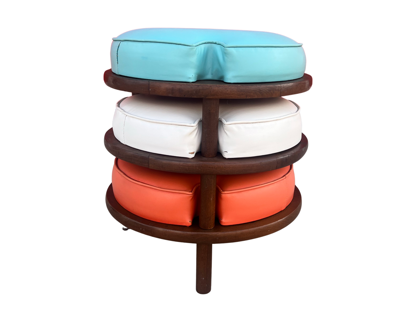 Mid-Century Modern Stackable Stools – Set of 3 | Original Vinyl in Aqua, White & Tangerine | Mod & Fun American Design, 1960s