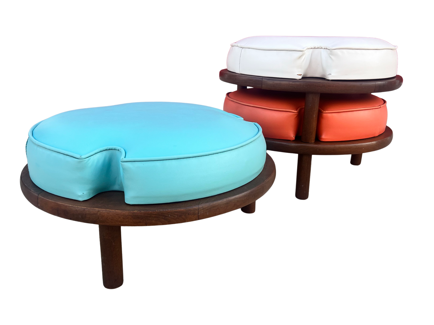 Mid-Century Modern Stackable Stools – Set of 3 | Original Vinyl in Aqua, White & Tangerine | Mod & Fun American Design, 1960s